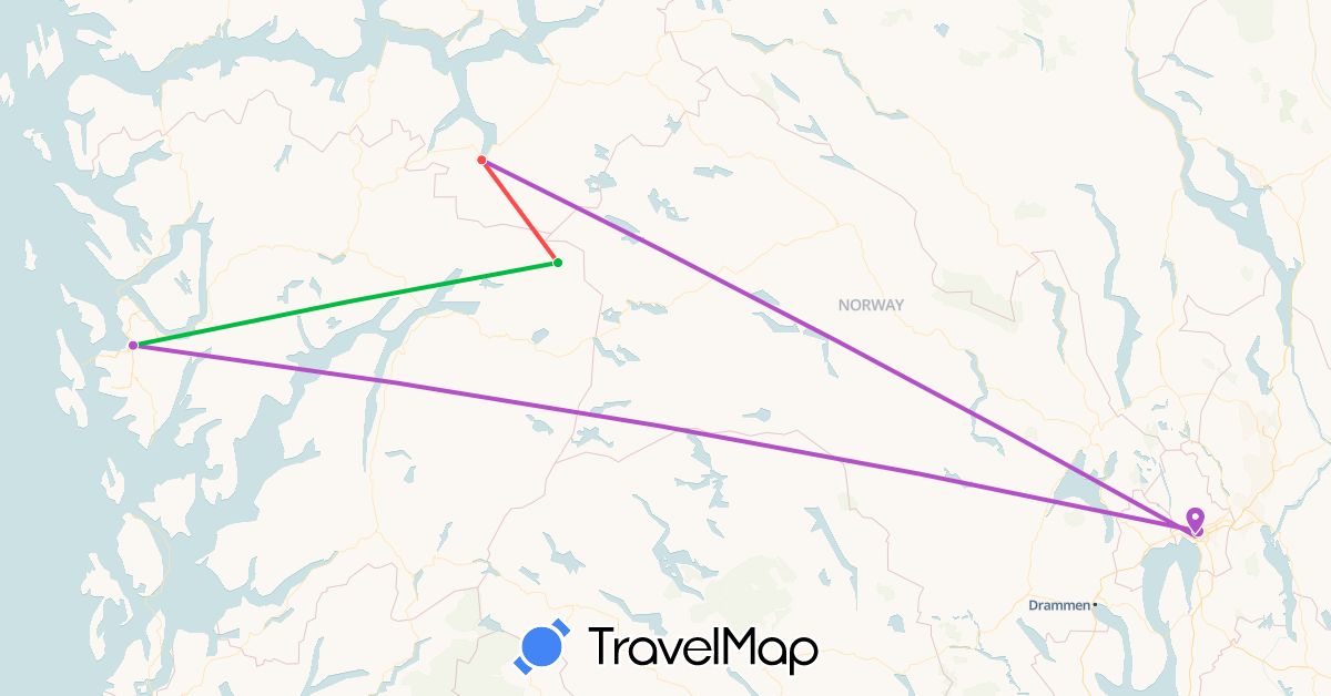 TravelMap itinerary: driving, bus, train, hiking in Norway (Europe)